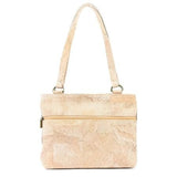 Back of Vegan Cork Shoulder Bag with a strap on a white background