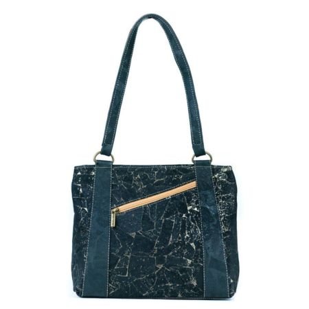 Black marble-patterned vegan cork shoulder with a gold zipper on a white background
