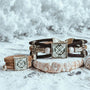 Vintage tile on a cork cord ring and on a bracelet with metal alloy and white beads on a snowy white surface
