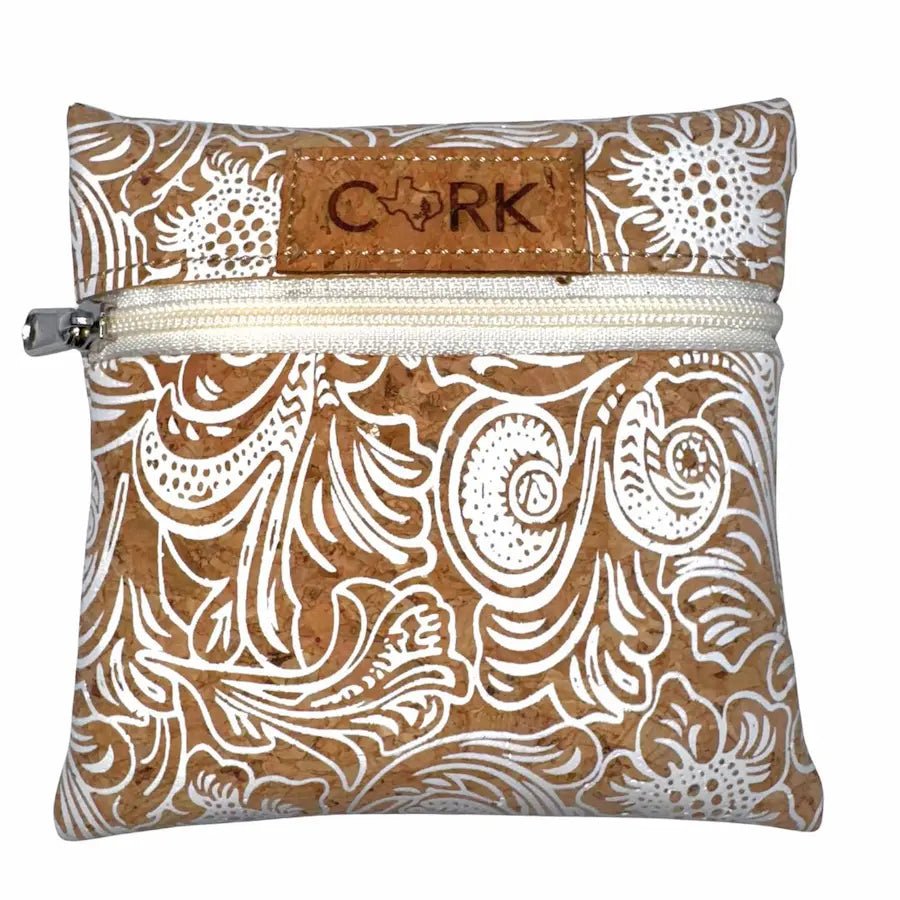 Front of White Baroque print coin purse with almond zipper by Texas Cork Company