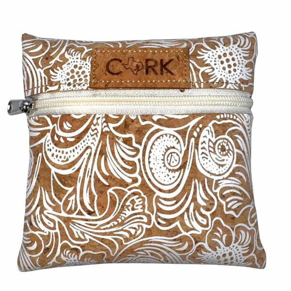 Front of White Baroque print coin purse with almond zipper by Texas Cork Company