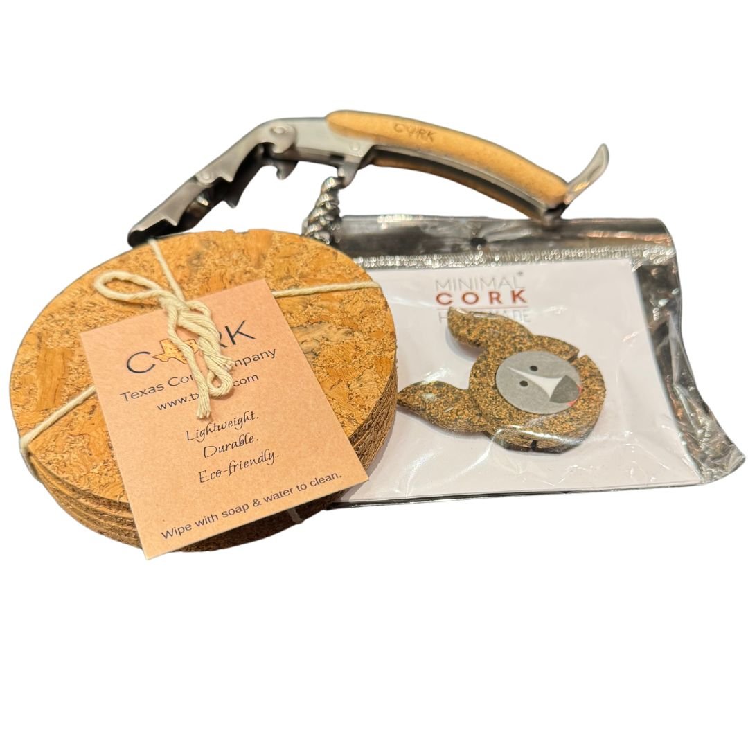 Bundle of 4 coasters, one drip stop, and one corkscrew from Texas Cork Company