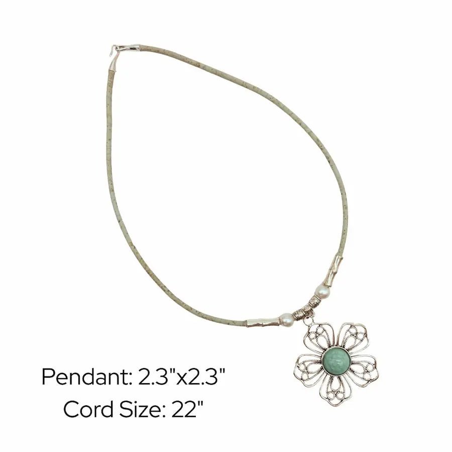 Dimensions for wire flower pendant with turquoise center on mint colored cork cord