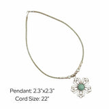 Dimensions for wire flower pendant with turquoise center on mint colored cork cord