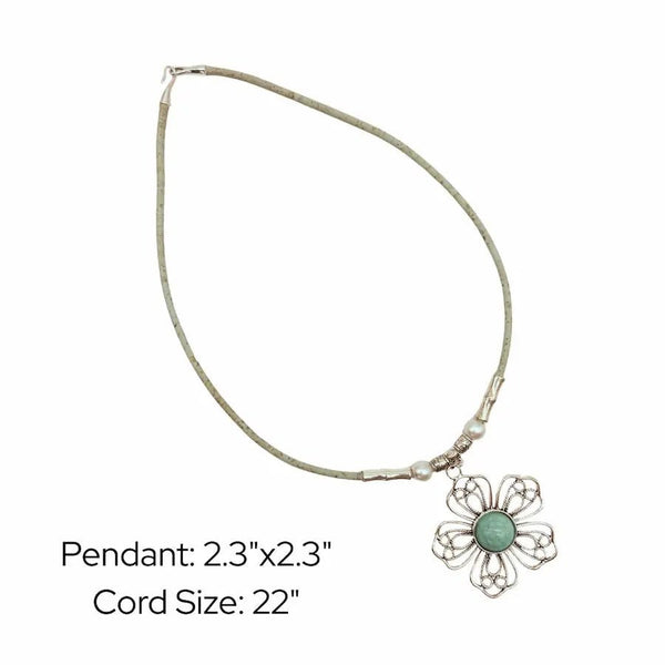 Dimensions for wire flower pendant with turquoise center on mint colored cork cord