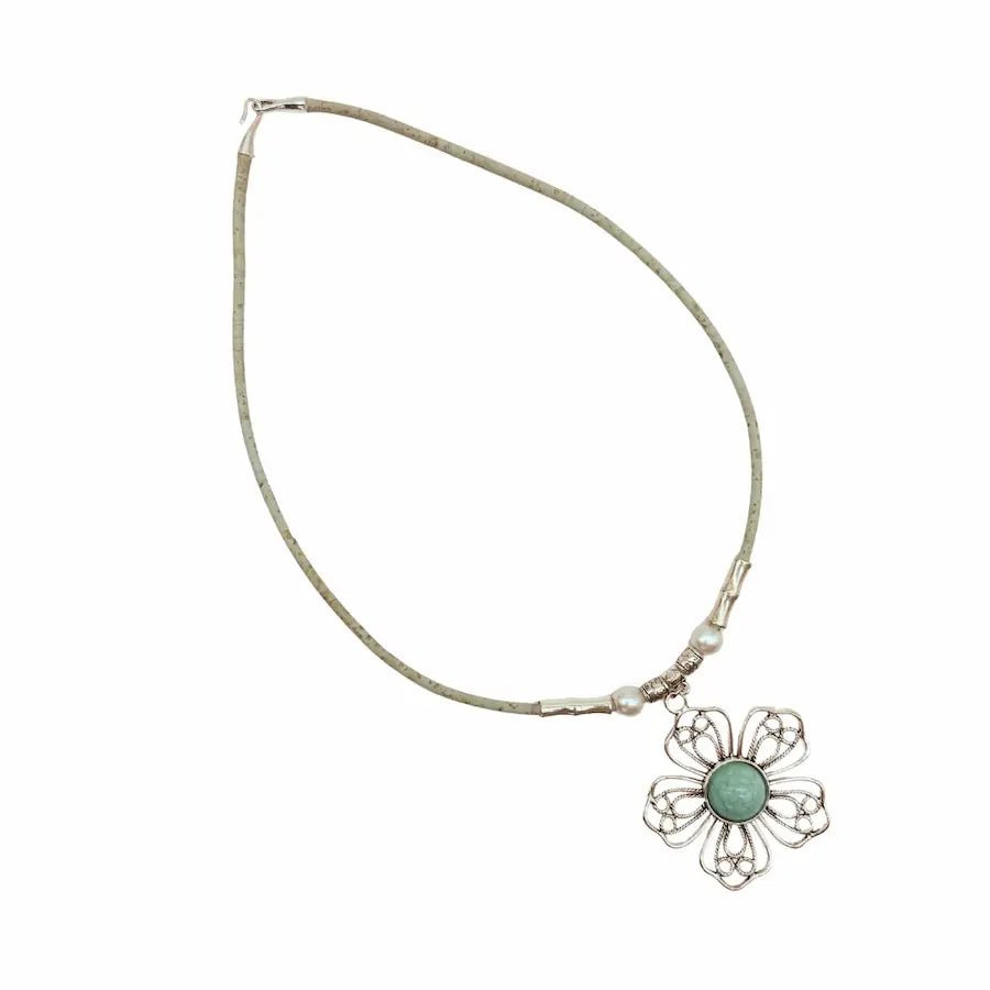 Mint cork cord necklace with wire flower with turquoise center