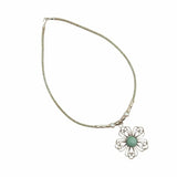 Mint cork cord necklace with wire flower with turquoise center