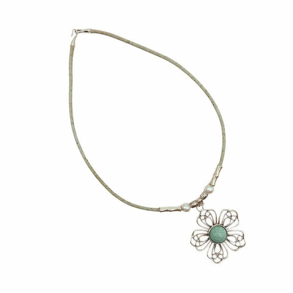 Mint cork cord necklace with wire flower with turquoise center