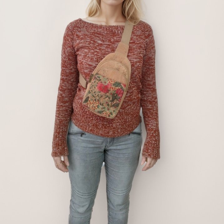 Woman wearing Floral cork three compartment chestbag/sling from Texas Cork Company