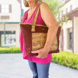Woman wearing the Denver large cork tote