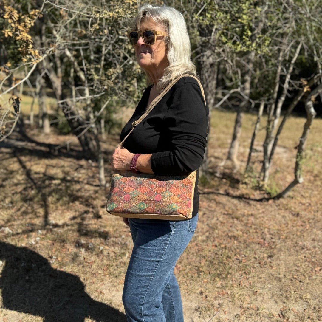 Woman outside wearing Natural Cork Women’s Large Crossbody Bag from Texas Cork Company.