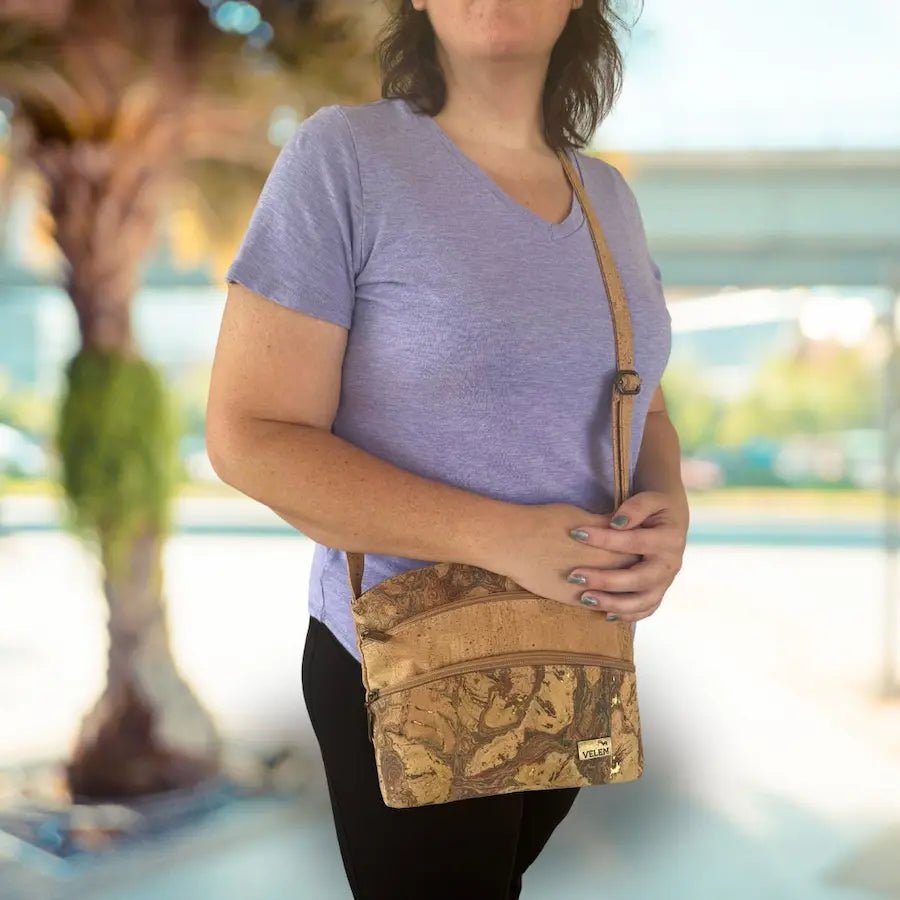 Woman wearing Dallas Triple Zip Cork Crossbody