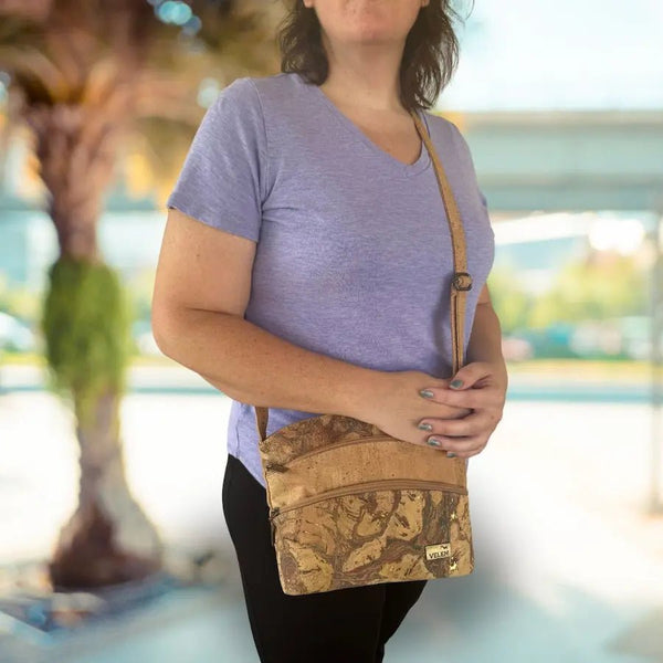 Woman wearing Dallas Triple Zip Cork Crossbody