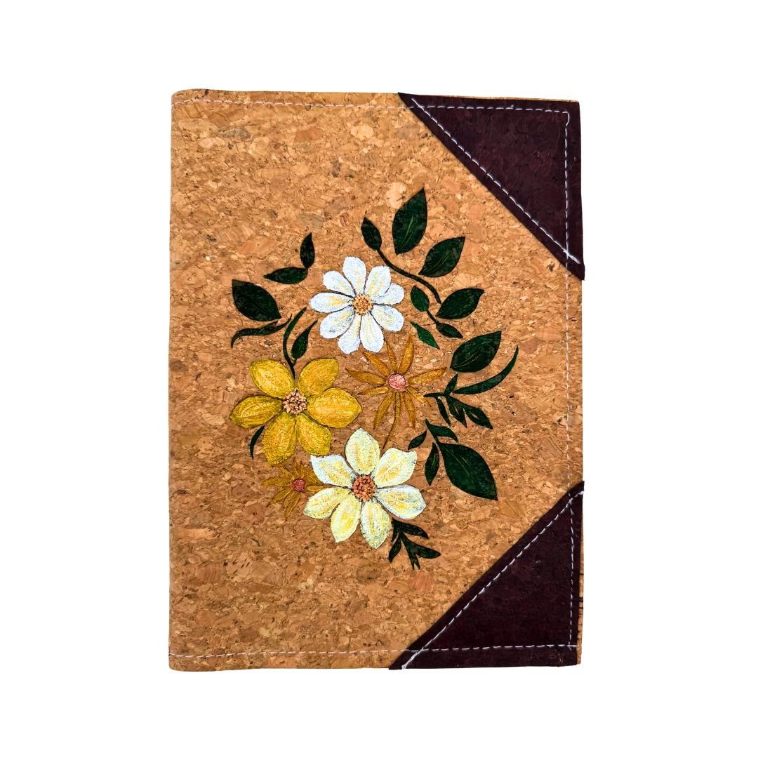 Hand-Painted Cork Leather Notebook Cover with Refillable Notepad - Floral Bouquet - Yellow, White