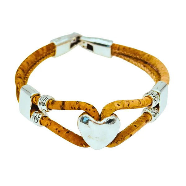 Cork bracelet with heart charm. Yellow (left) and natural cork (right) cording.