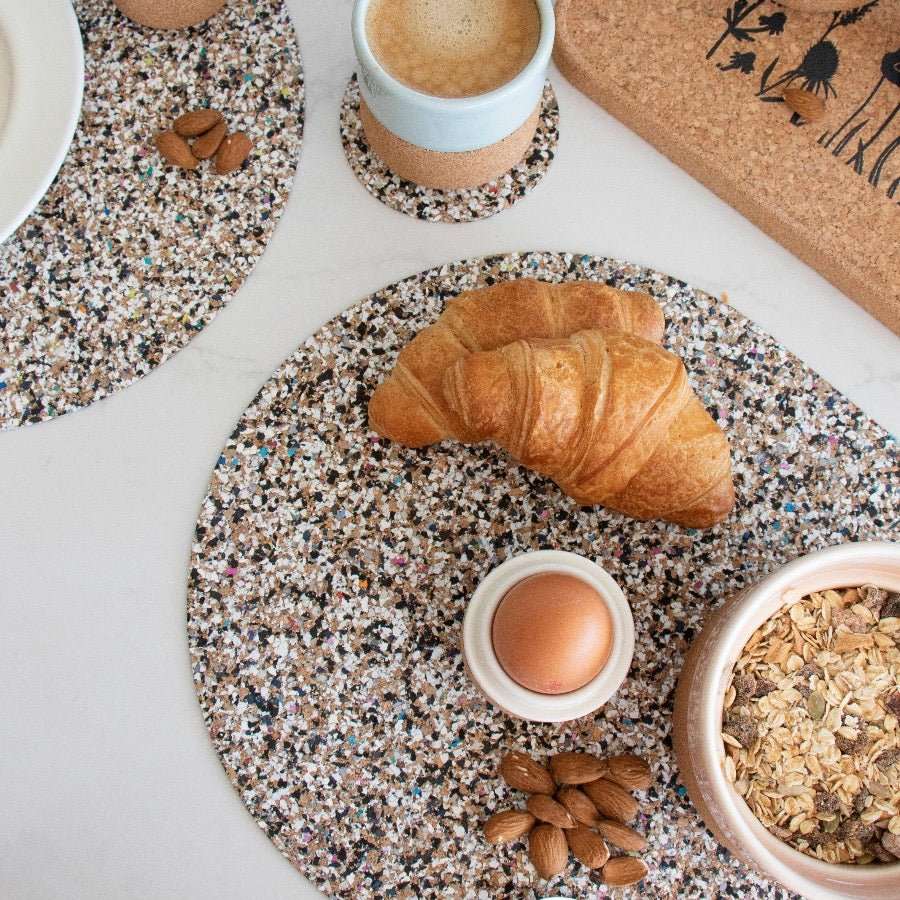 Oval Beach Clean Placemats in use with breakfast -BC-REC-PM - Texas Cork Company