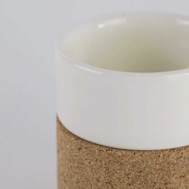Close up of cream ceramic mug with removable cork bottom -EW-SET-TEA2-CM - Texas Cork Company