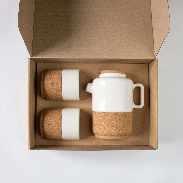 Cream Ceramic and Cork Tea for Two Gift Set in box -EW-SET-TEA2-CM - Texas Cork Company