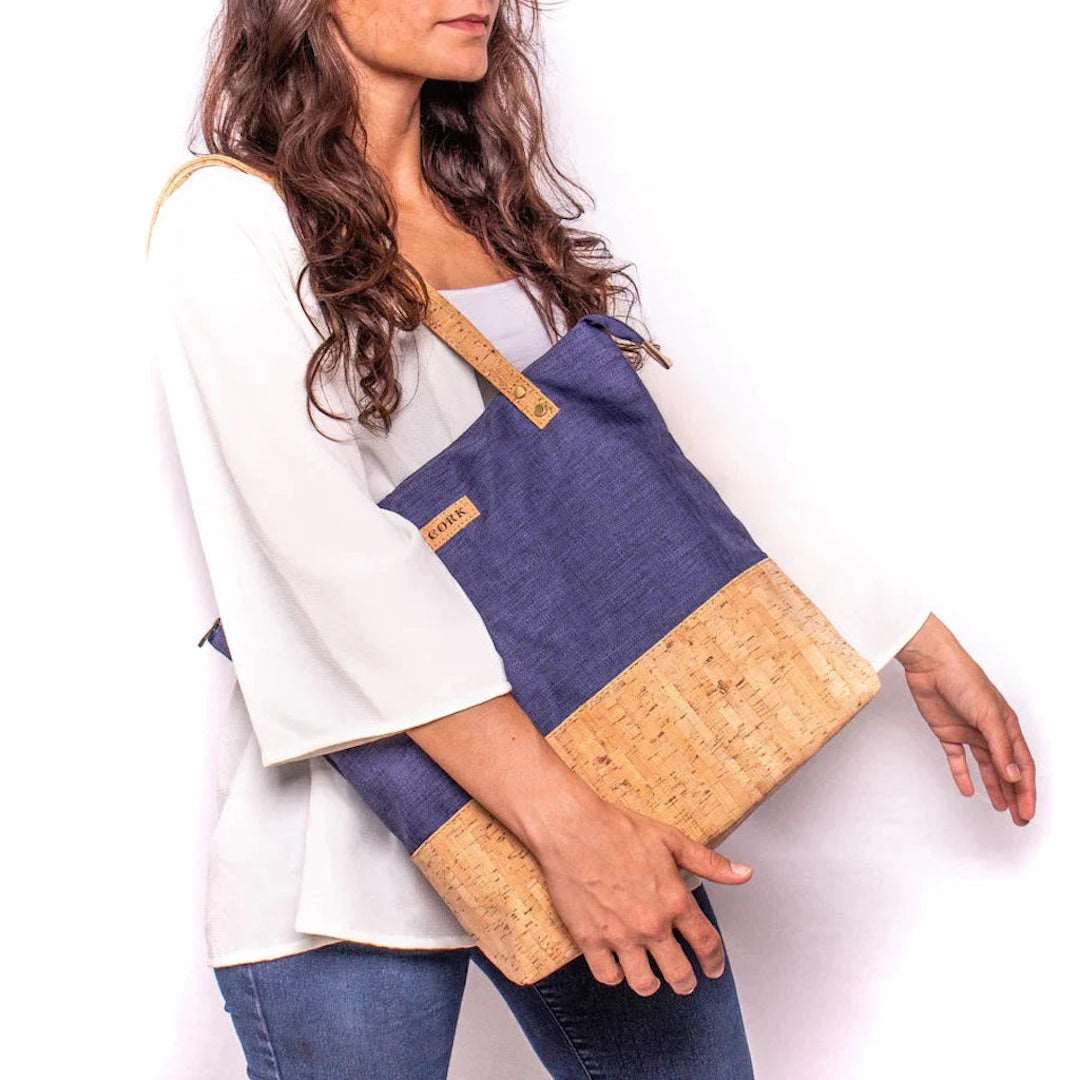 Woman carrying the Blue with Rustic Cork, Cork and Fabric Purse Tote