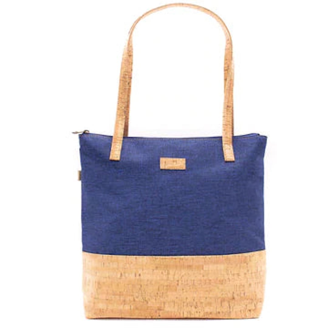 Cork and Fabric Purse Tote -Blue with rustic cork bottom front view