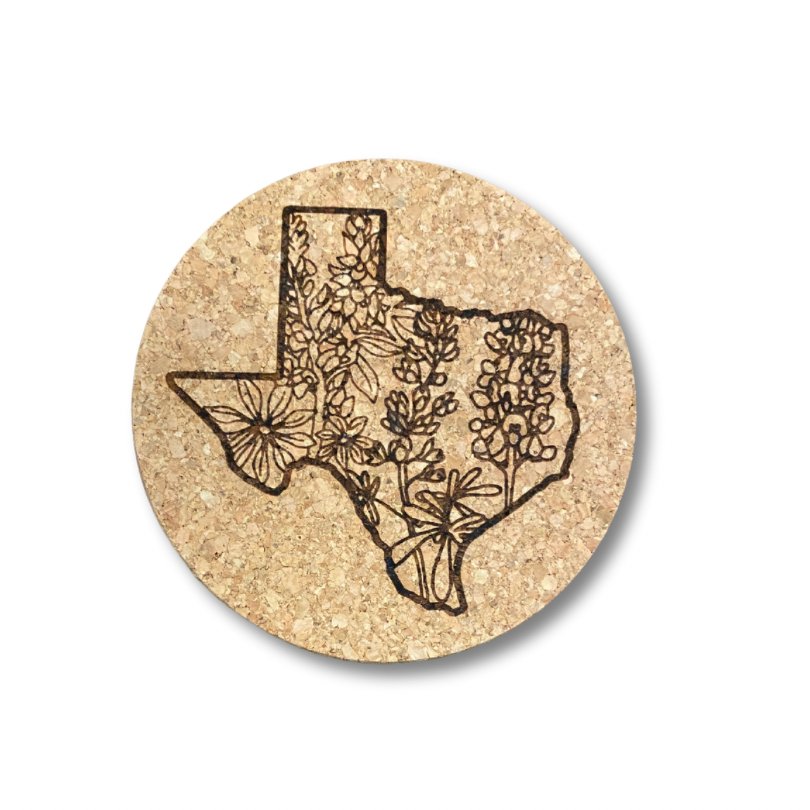  Engraved Cork Coasters (Texas  outline with Bluebonnets) - Set of 4 - Texas Cork Company