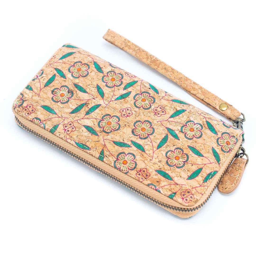 Floral Cork Zipper Wristlet Wallet -BAG-2216-A - Texas Cork Company