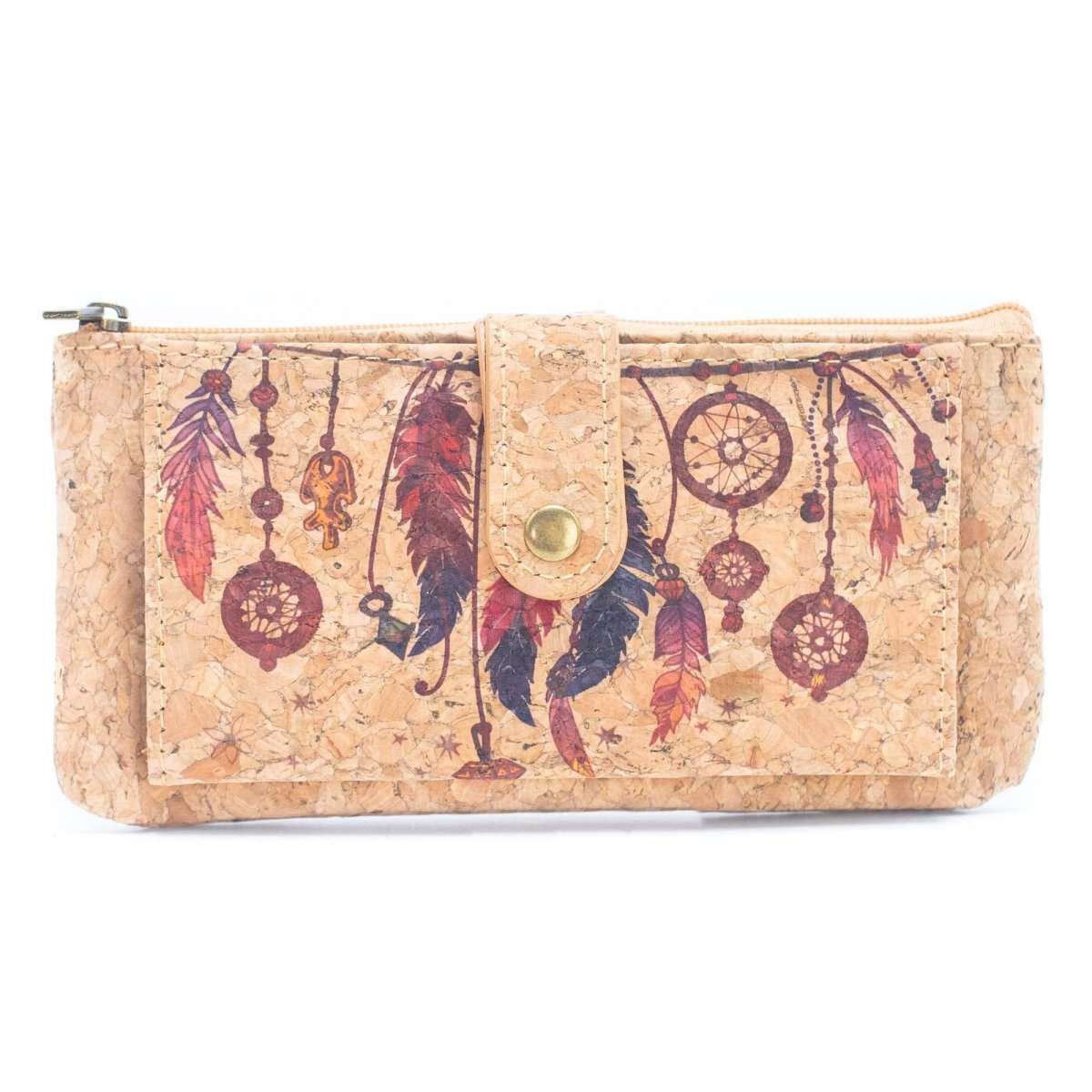 Ladies Slim Cork Card Wallets with feathers and dream catchers on the front