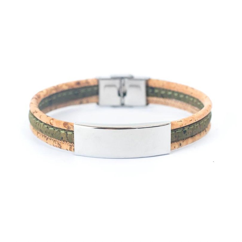 Men’s Bracelet | Cork Cord with Stainless Steel Pendant -DBR-014-GreenMen - Texas Cork Company