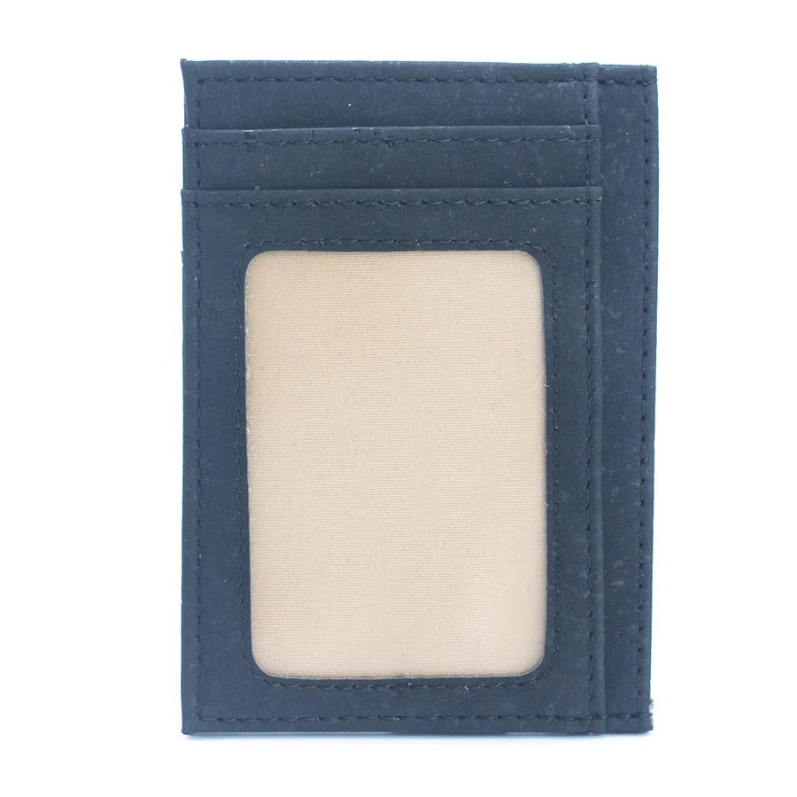Minimalist cork card wallet with RFID protection and ID window in black color