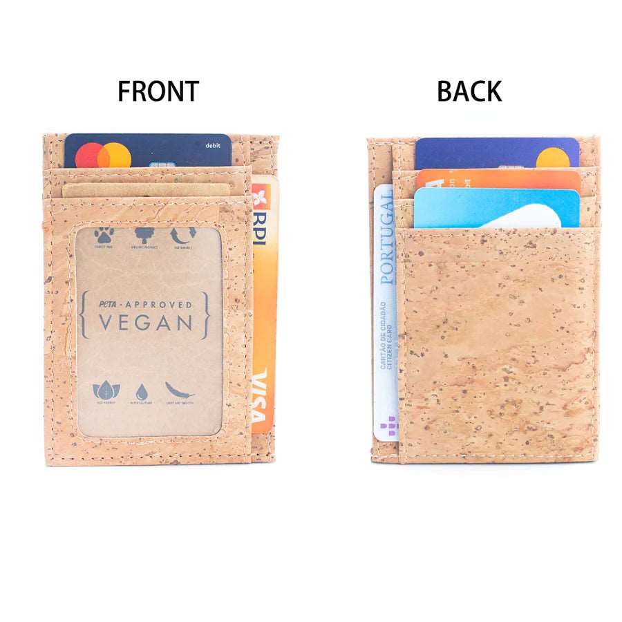 Minimalist cork card wallet with RFID protection and ID window front and back view with cards