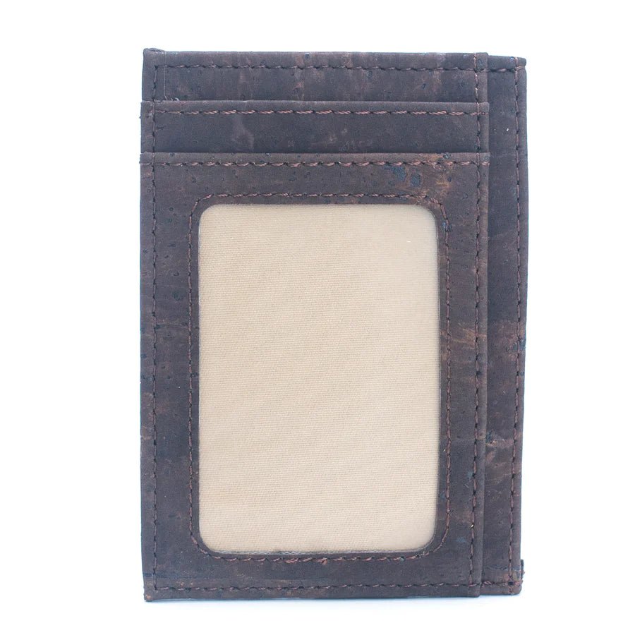 Minimalist cork card wallet with RFID protection and ID window in brown color