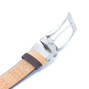 Close-up of the adjustable buckle on a natural cork leather belt