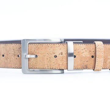 Close-up of the adjustable buckle on a natural cork leather belt